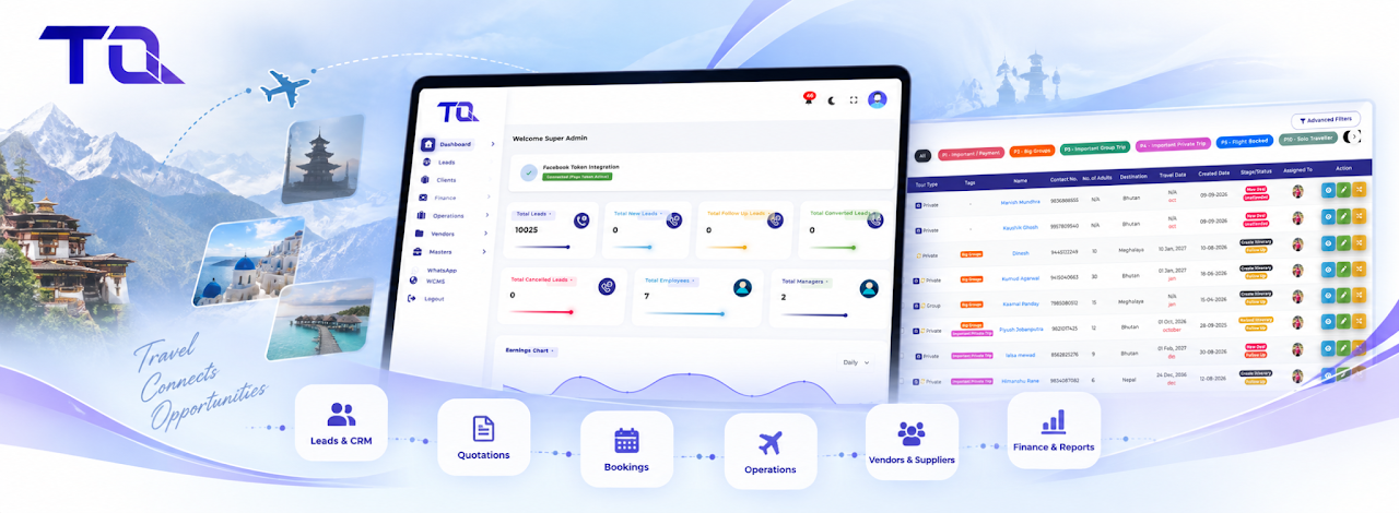 Tecql travel operations dashboard with leads, bookings and reporting tools